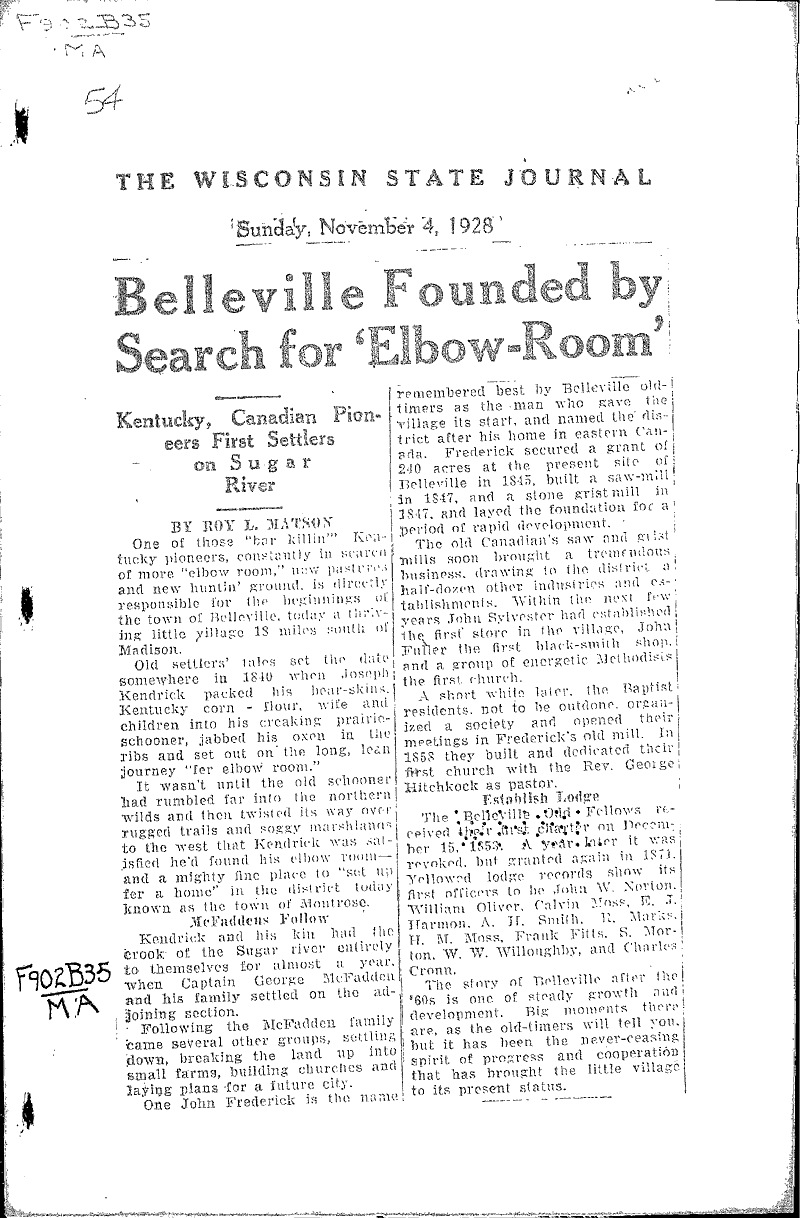 Belleville founded by search for 'elbowroom' Newspaper Article