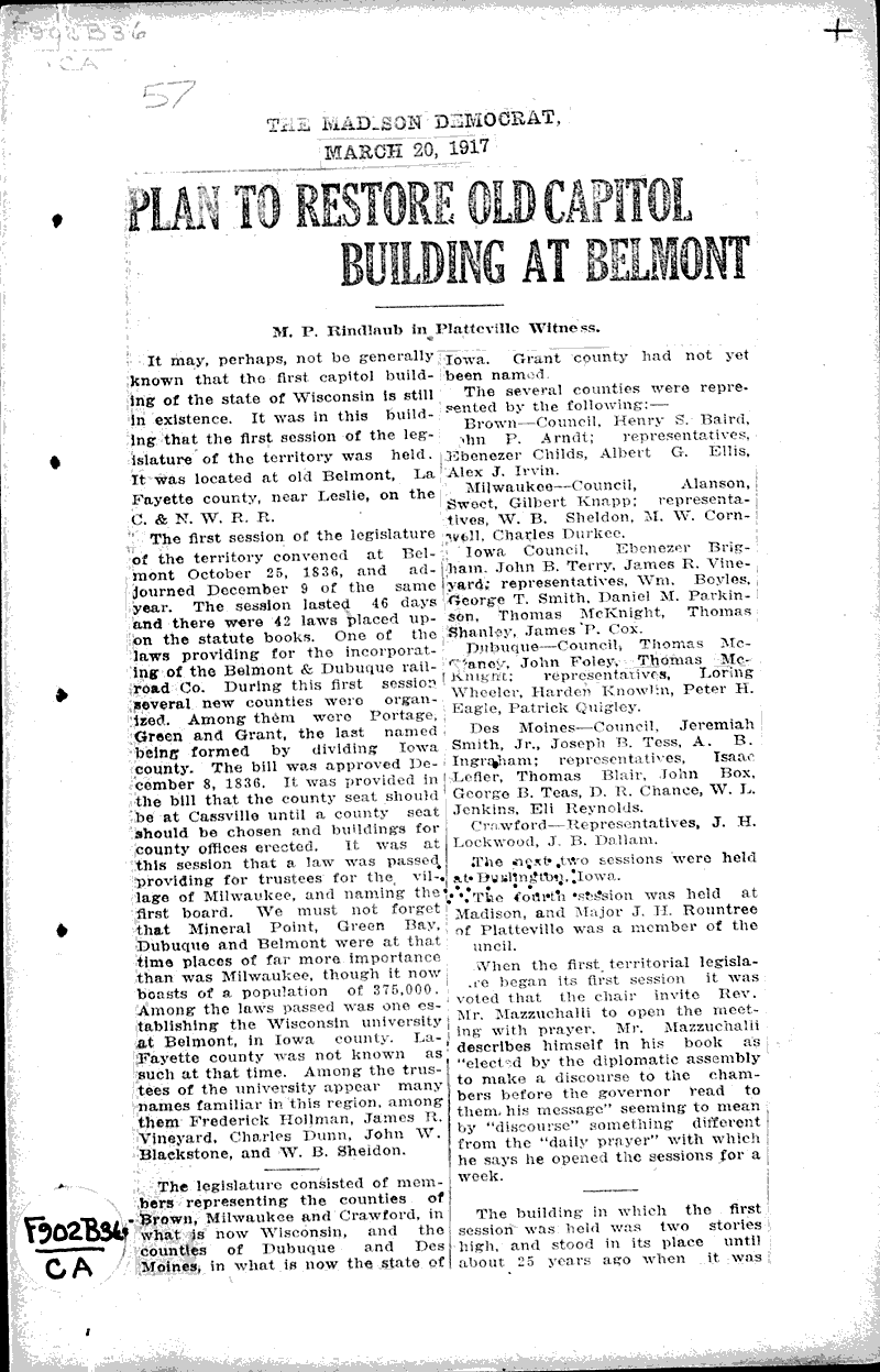Plan to restore old capitol building at Belmont Newspaper Article