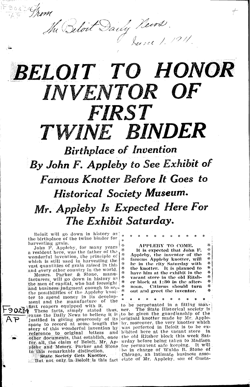  Source: Beloit Daily News Topics: Industry Date: 1911-06-01
