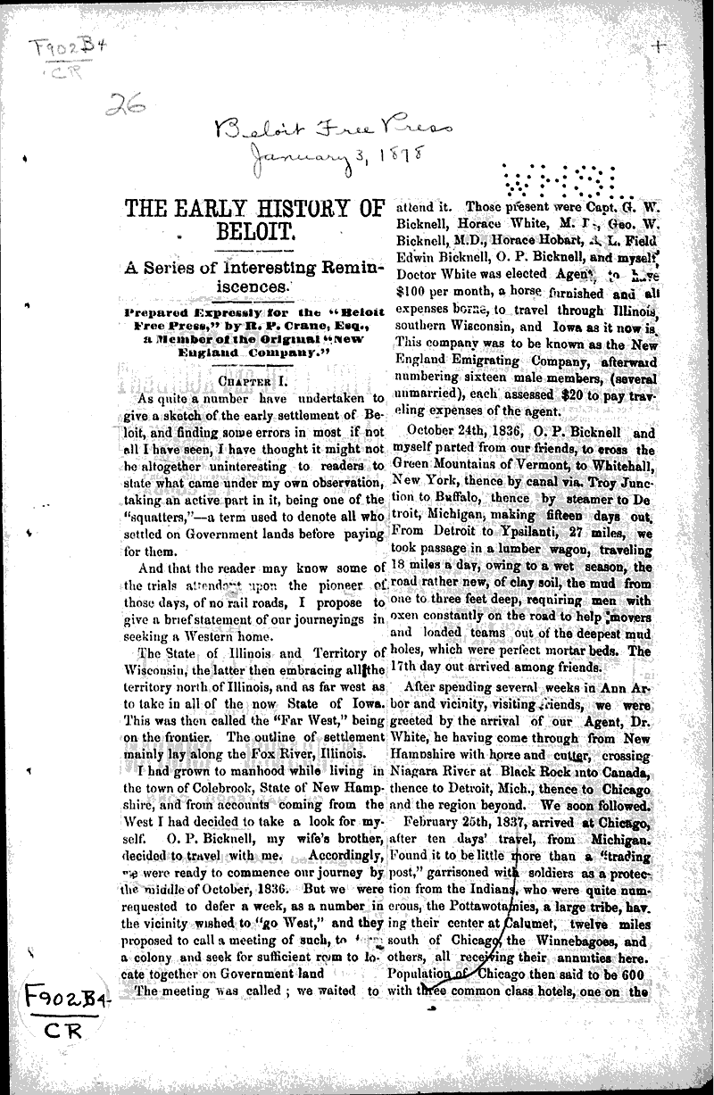 The early history of Beloit Newspaper Article/Clipping Wisconsin