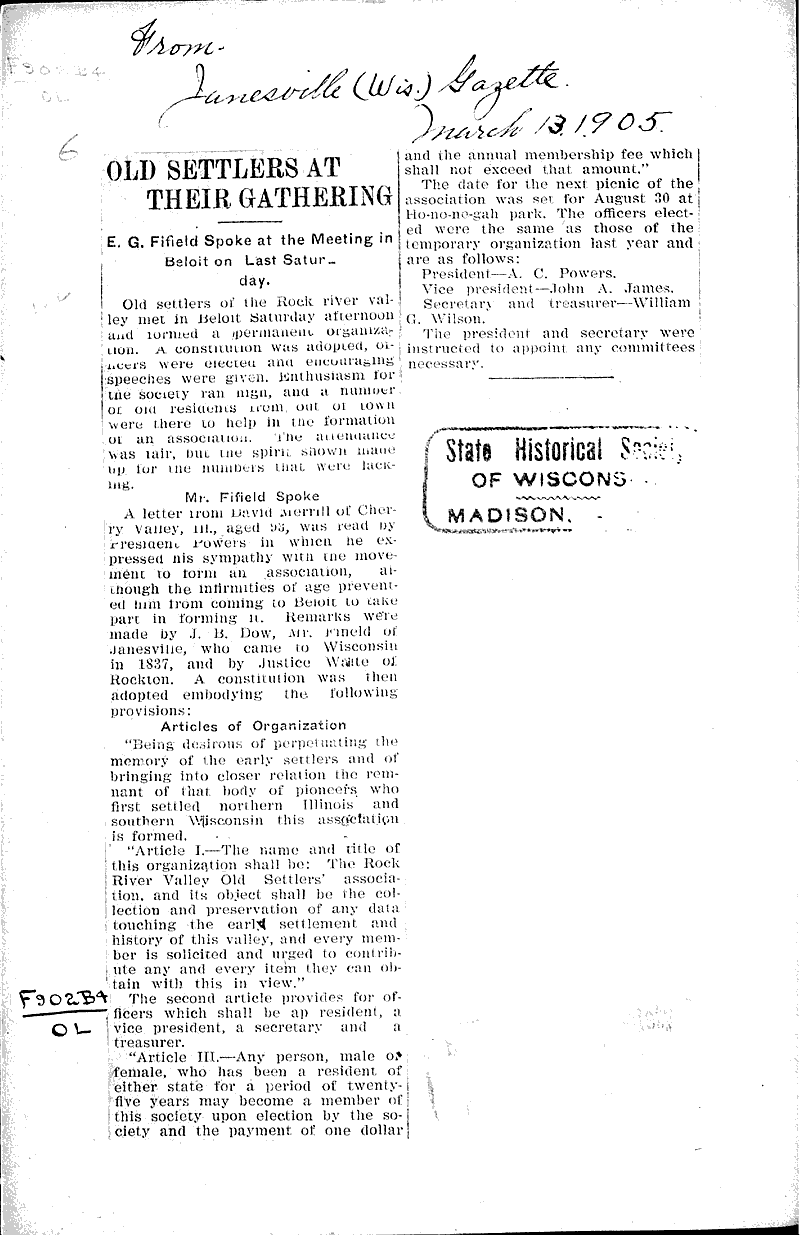 Old settlers at their gathering Newspaper Article/Clipping Wisconsin Historical Society