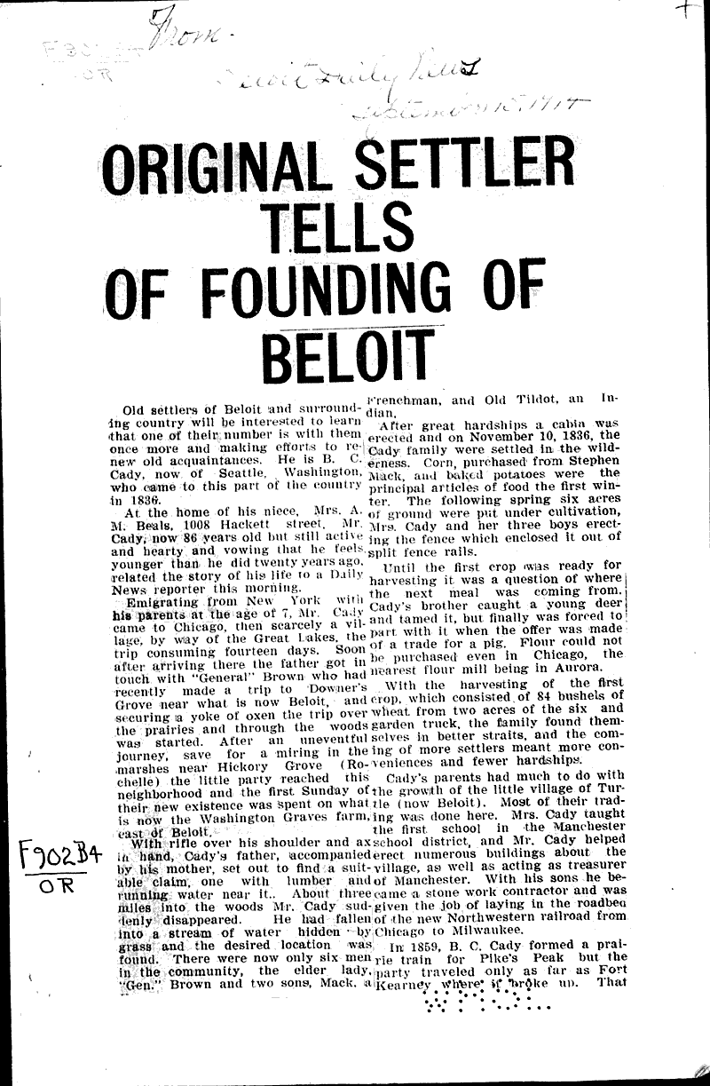 Original settler tells of founding of Beloit Newspaper Article