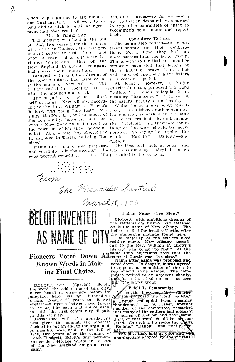 Beloit invented as name of city Newspaper Article/Clipping