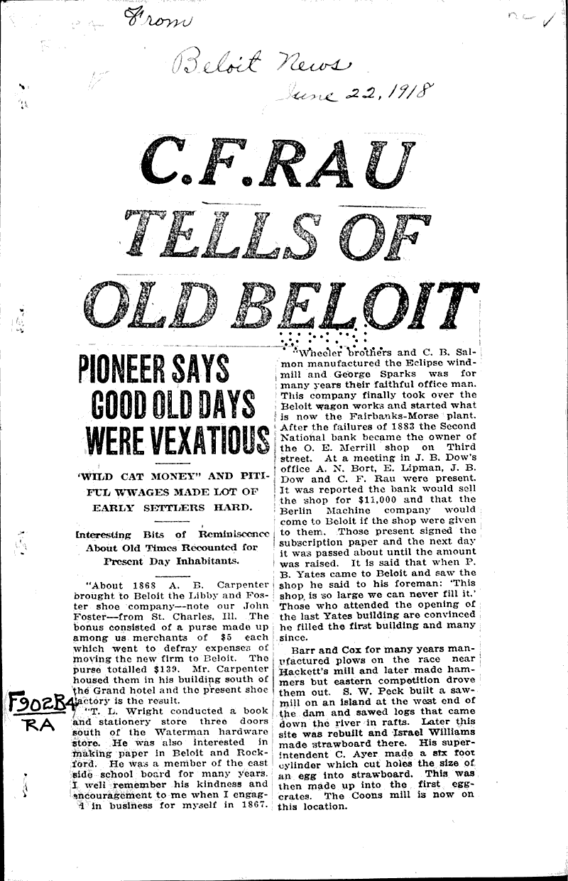 C. F. Rau tells of old Beloit Newspaper Article/Clipping Wisconsin