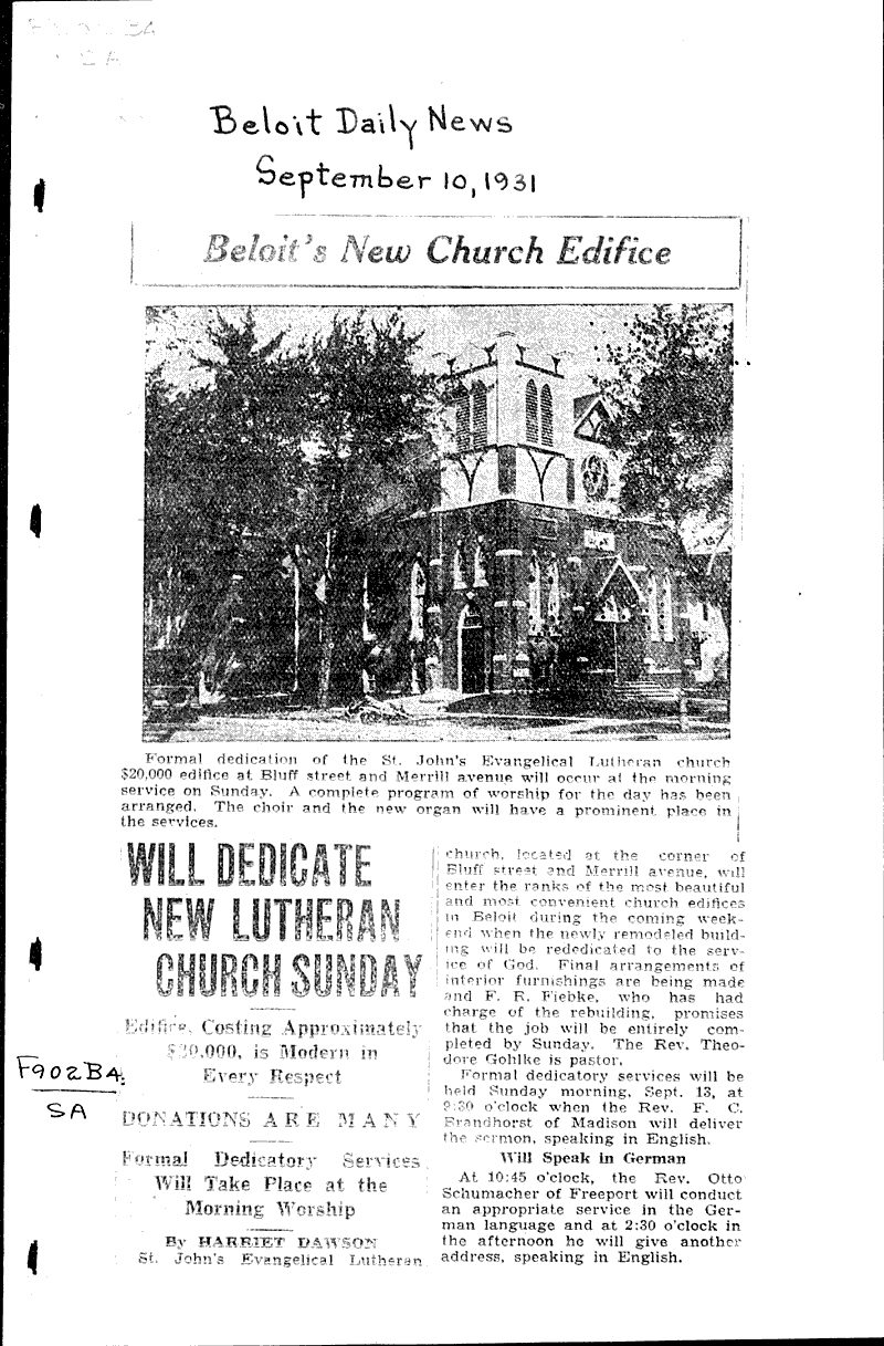  Source: Beloit Daily News Topics: Church History Date: 1931-09-10