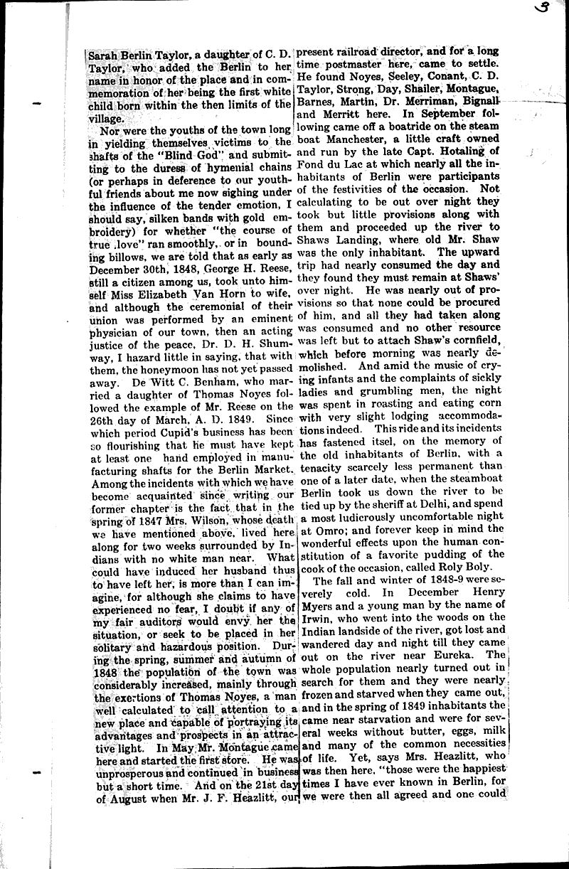 Early history of Berlin Newspaper Article/Clipping Wisconsin