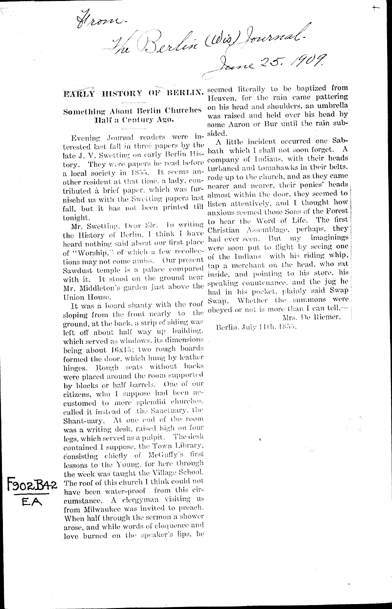 Early history of Berlin Newspaper Article/Clipping Wisconsin