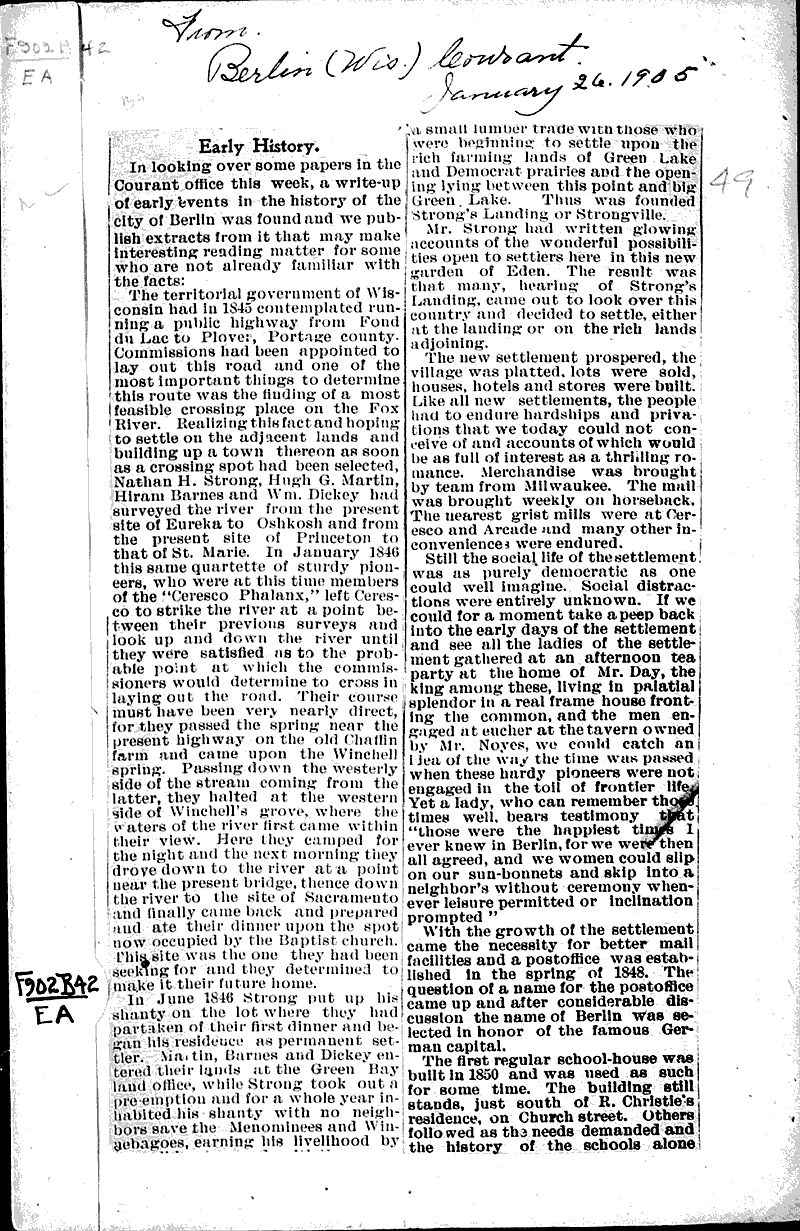 Early History of Berlin Newspaper Article/Clipping Wisconsin