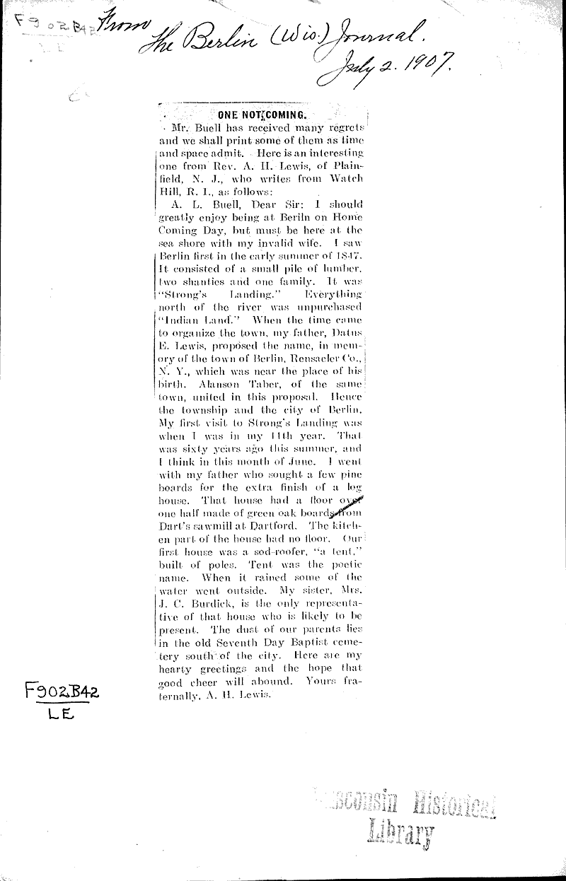 One not coming Newspaper Article/Clipping Wisconsin Historical Society