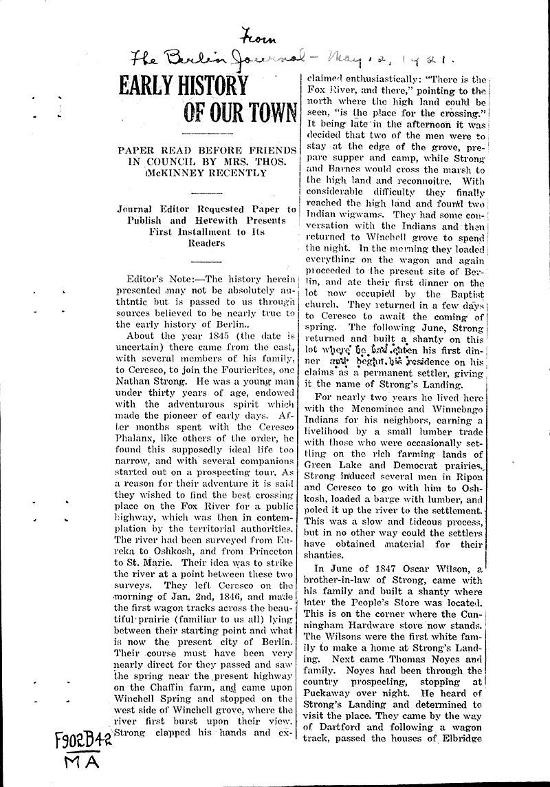 Early history of our town Newspaper Article/Clipping Wisconsin
