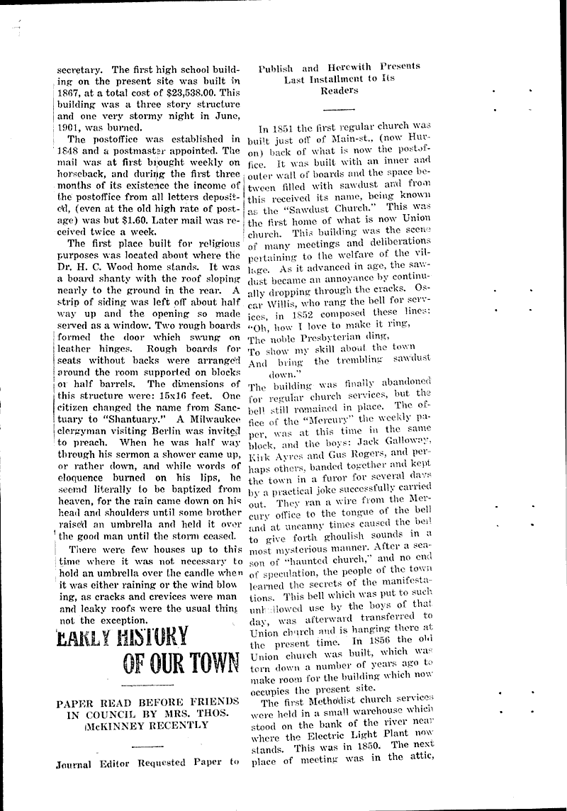 Early history of our town Newspaper Article/Clipping Wisconsin