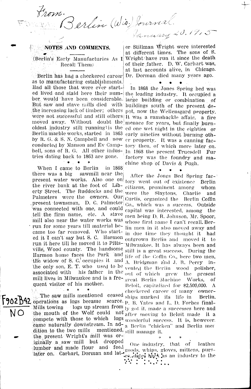 Berlin's early manufacturies as I recall them Newspaper Article