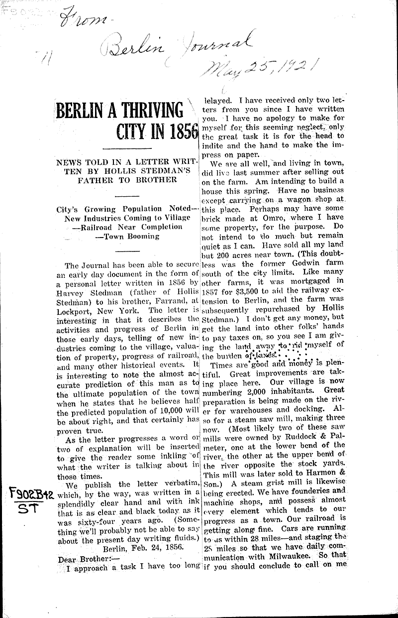 Berlin a thriving city in 1856 Newspaper Article/Clipping Wisconsin