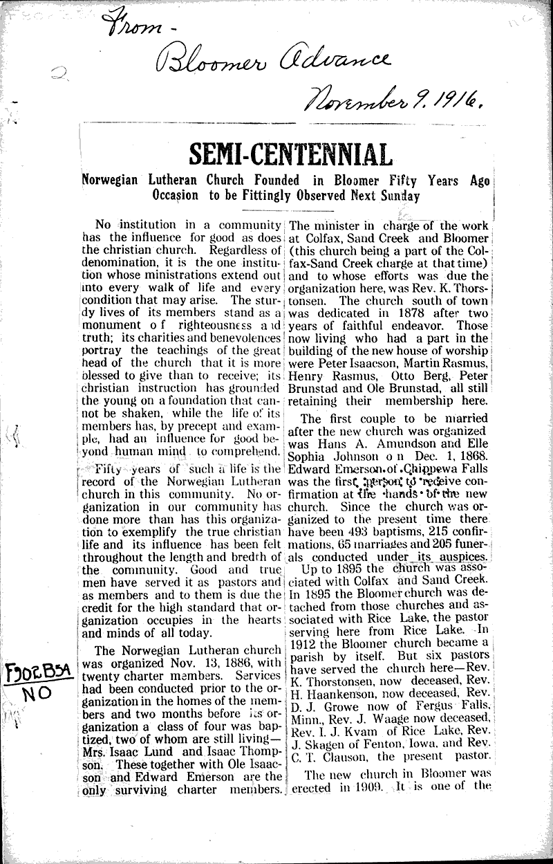  Source: Bloomer Advance Topics: Church History Date: 1916-11-09