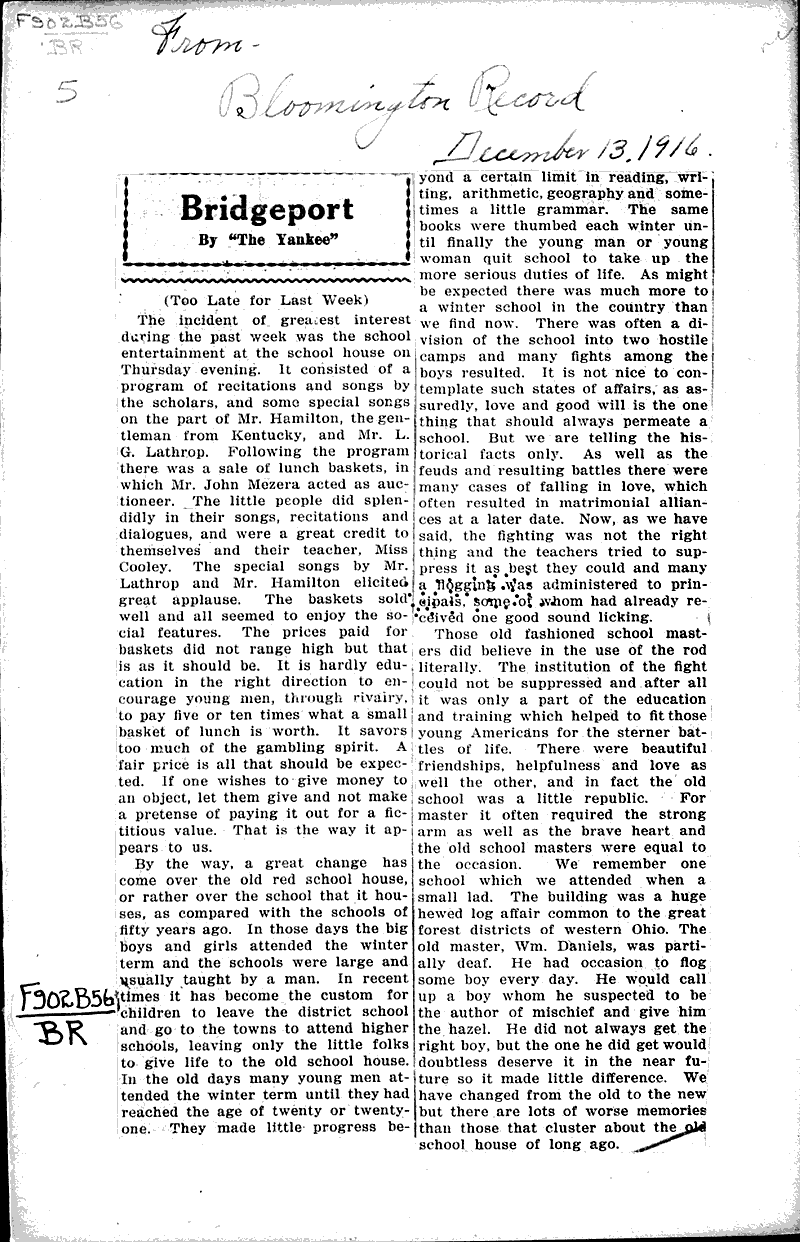 Bridgeport Newspaper Article/Clipping Wisconsin Historical Society