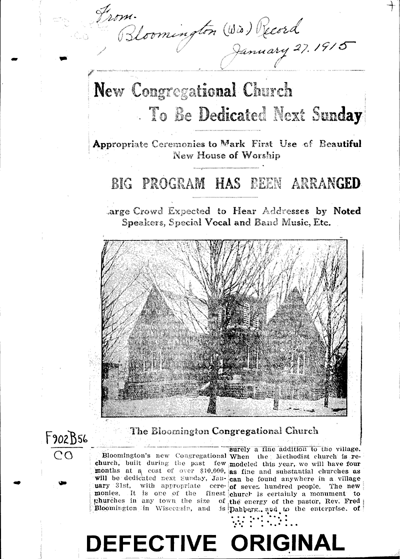  Source: Bloomington Record Topics: Church History Date: 1915-01-27