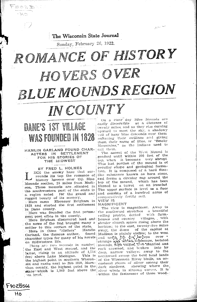 Romance of history hovers over blue mounds region in county Newspaper