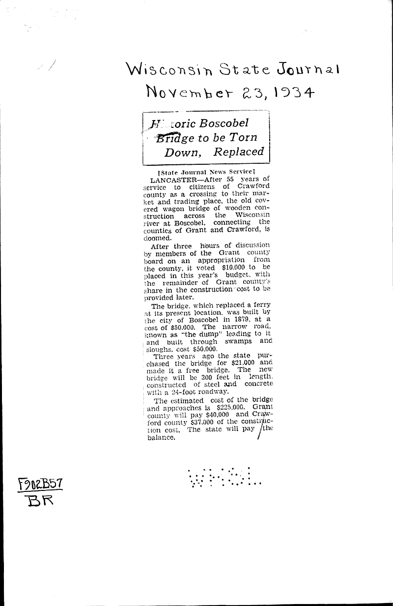 Historic Boscobel bridge to be torn down, replaced Newspaper Article