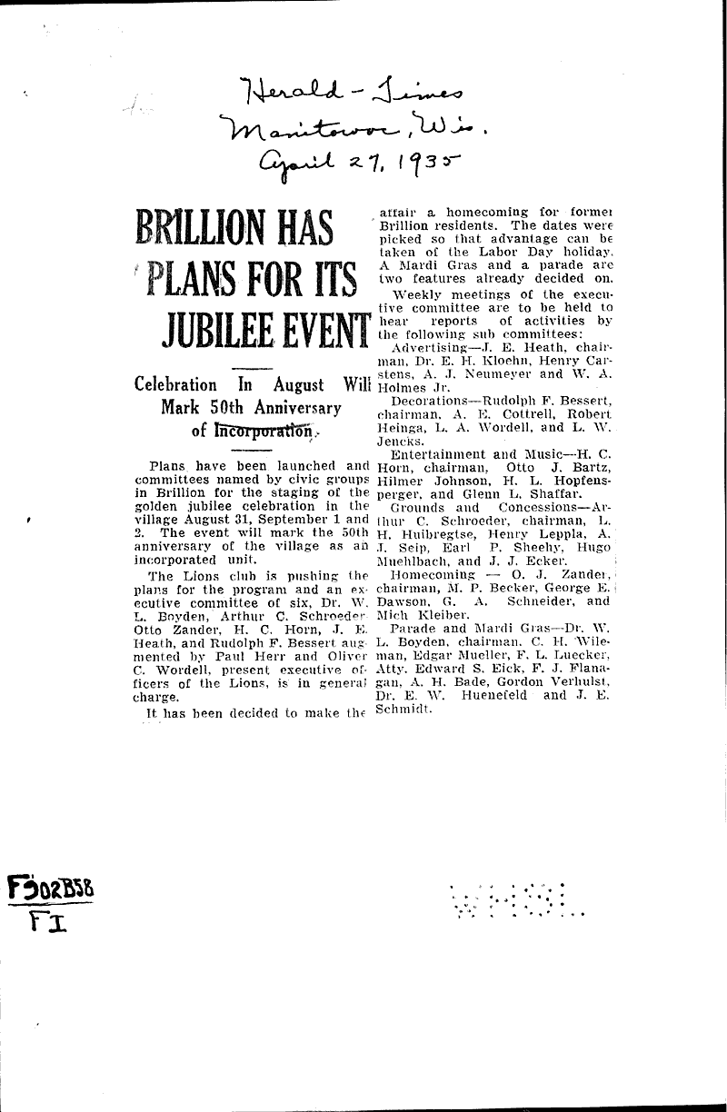 Brillion has plans for its jubilee even Newspaper Article/Clipping