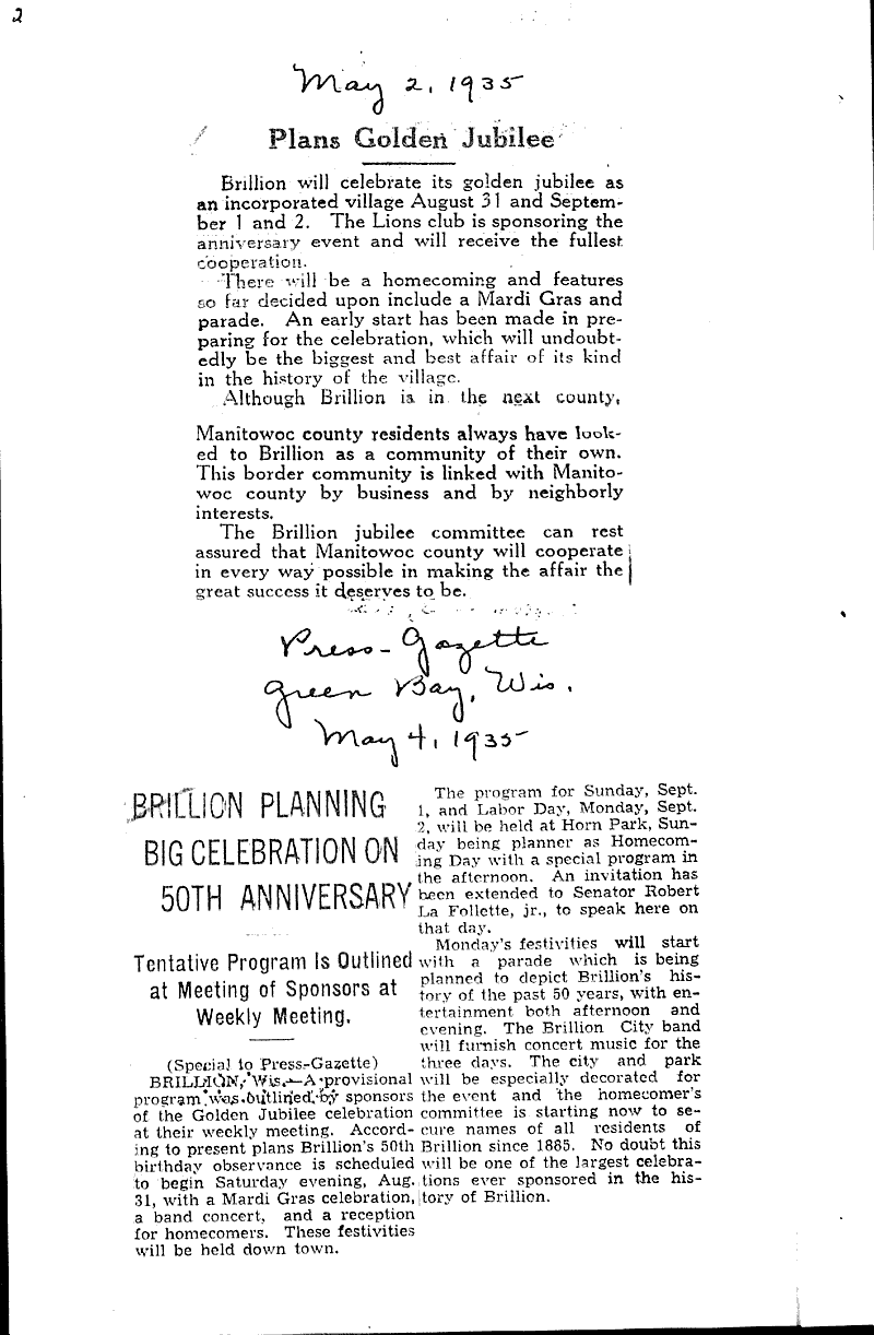 Brillion has plans for its jubilee even Newspaper Article/Clipping