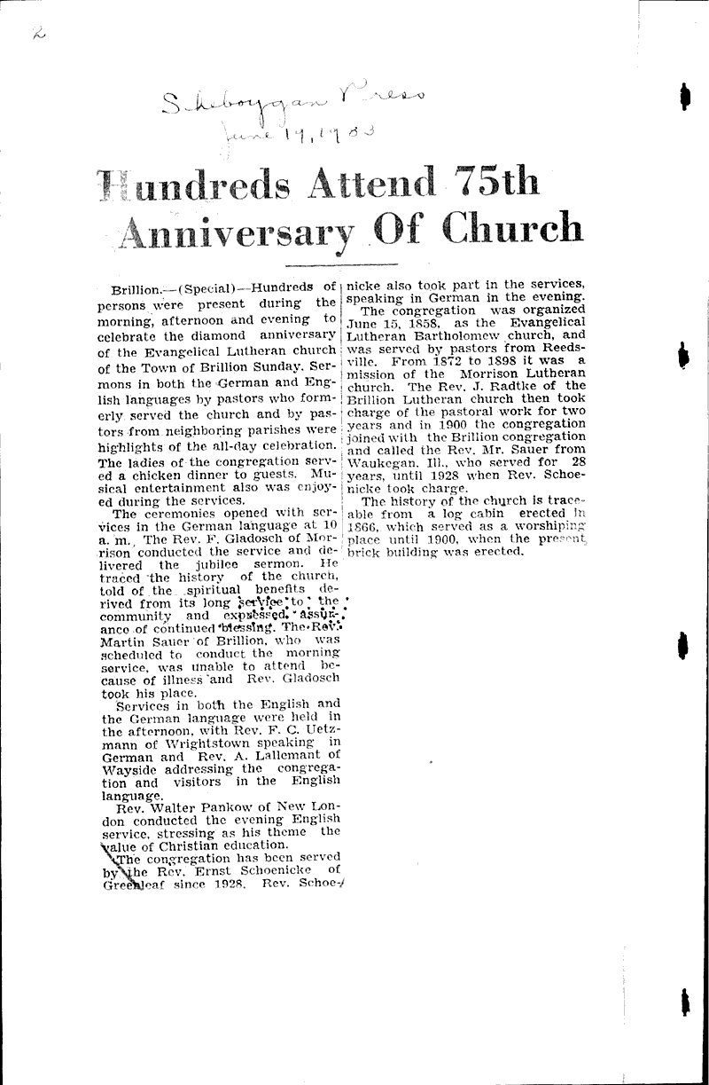  Source: Sheboygan Press Topics: Church History Date: 1933-06-19