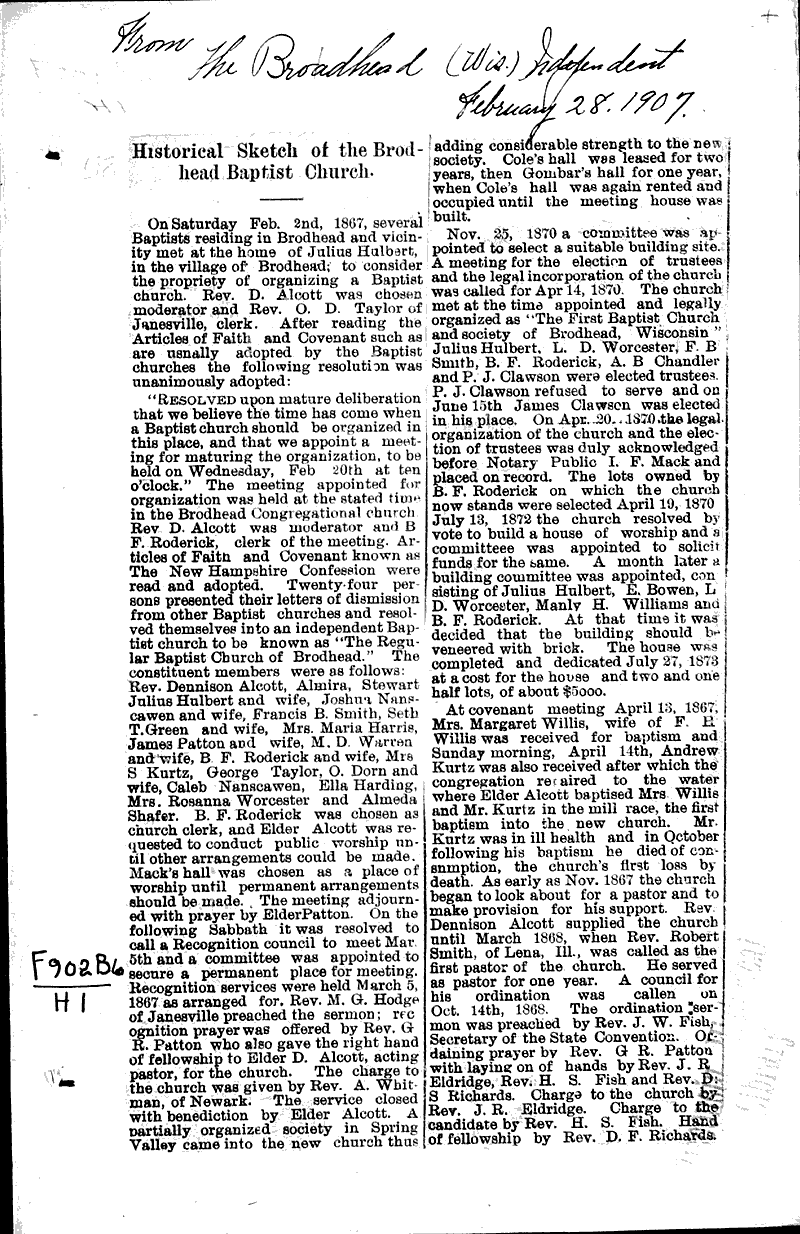 HIstorical sketch of the Brodhead Baptist church Newspaper Article
