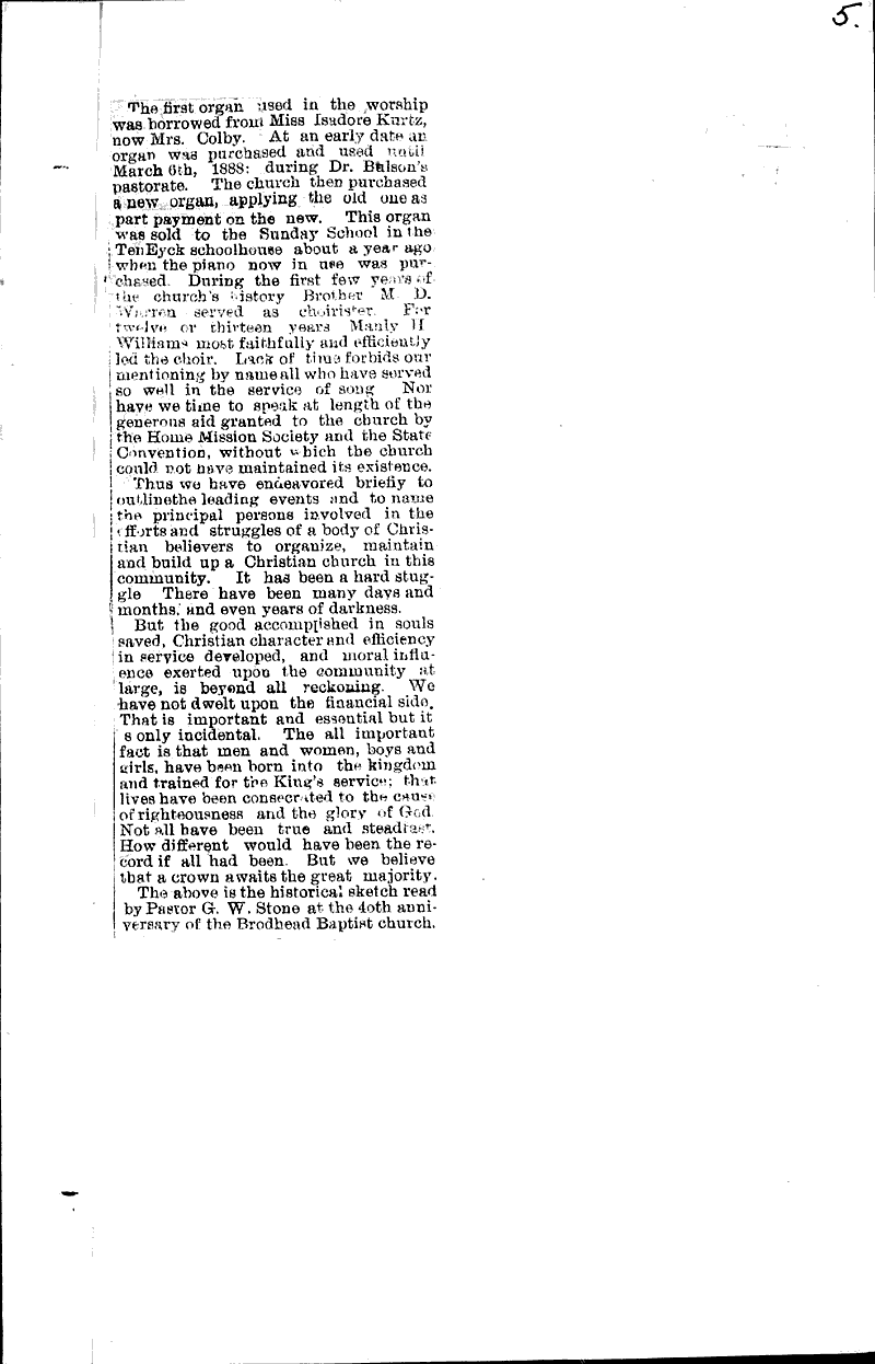 HIstorical sketch of the Brodhead Baptist church Newspaper Article