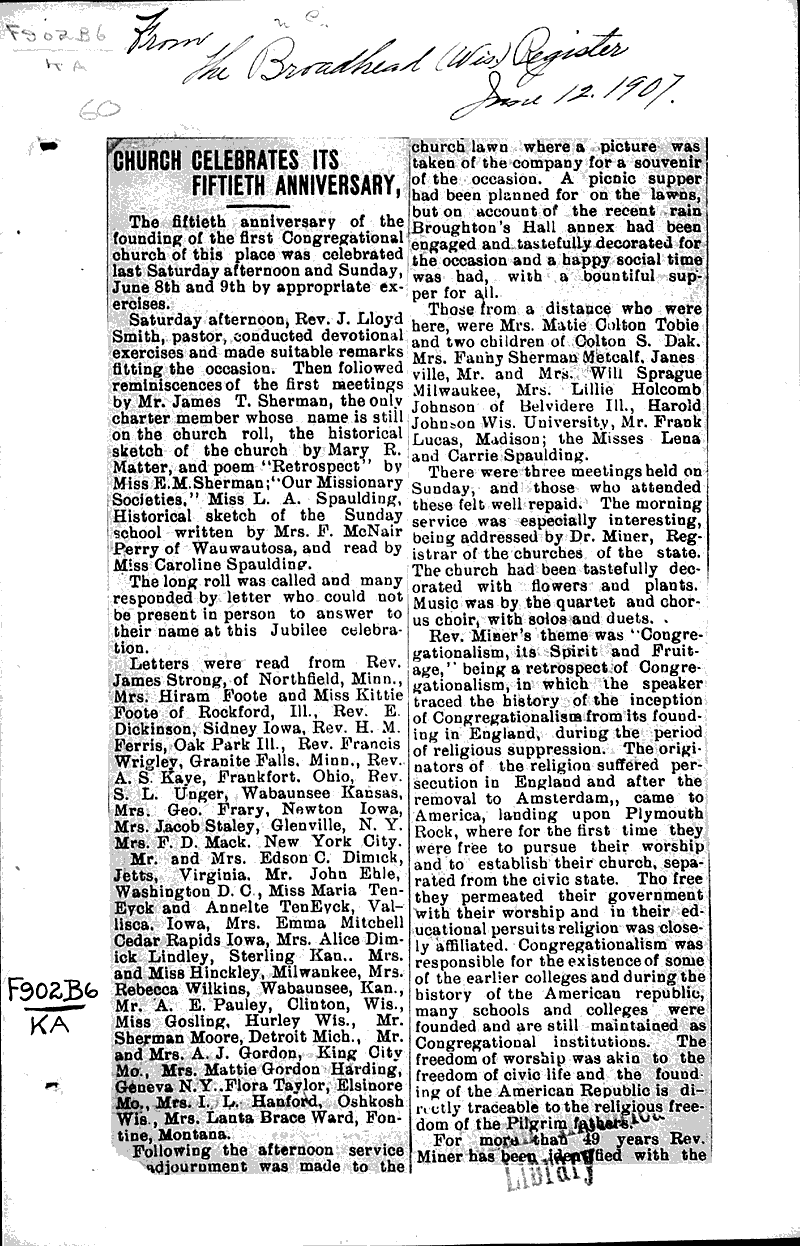 Church celebrates its Fiftieth Anniversary Newspaper Article/Clipping