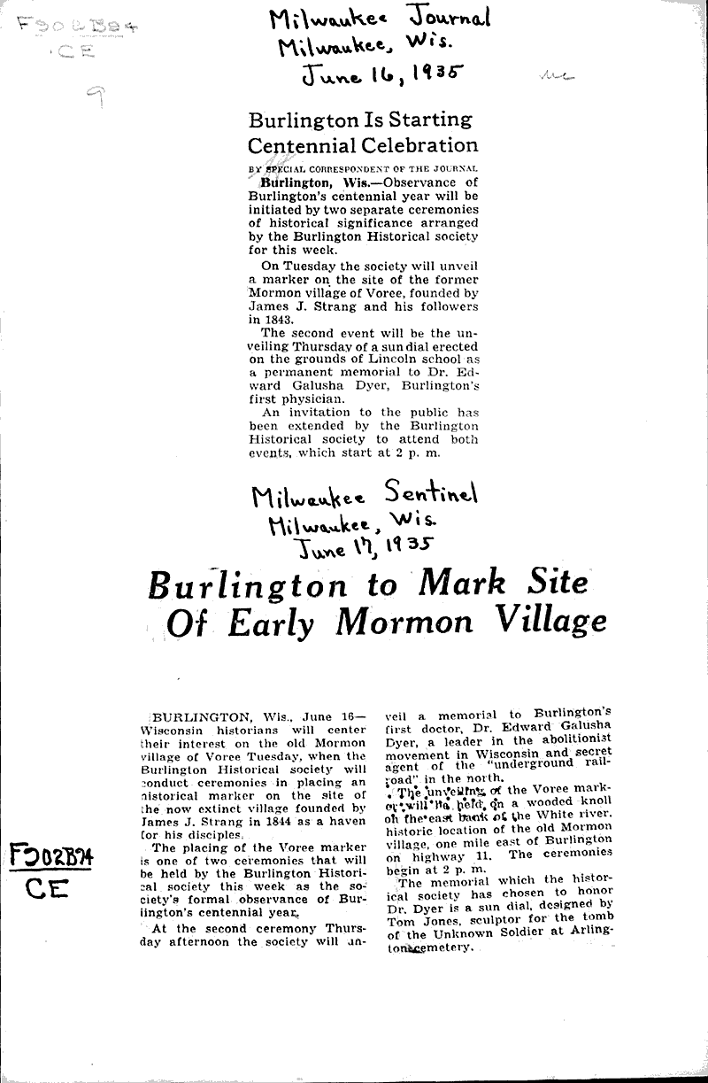 Burlington is starting centennial celebration Newspaper Article/Clipping Wisconsin