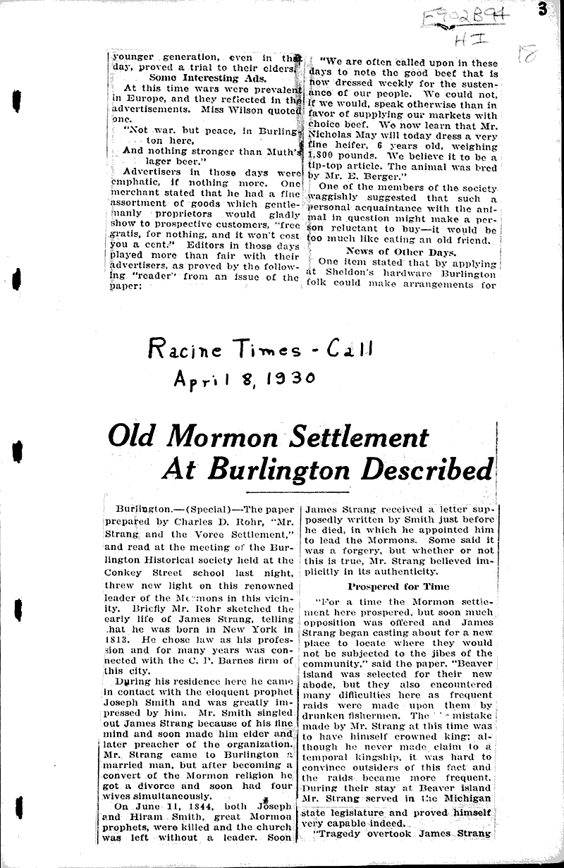 Old mormon settlement at Burlington described Source: Racine Times Call Topics: Church History Date: 1930-04-08
