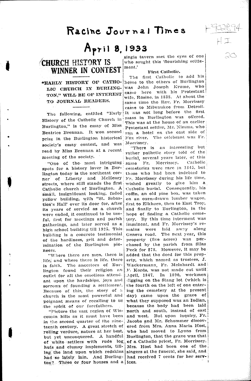  Source: Racine Journal-Times Topics: Church History Date: 1933-04-08