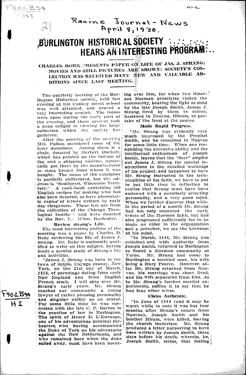  Source: Racine Journal-News Topics: Church History Date: 1930-04-08