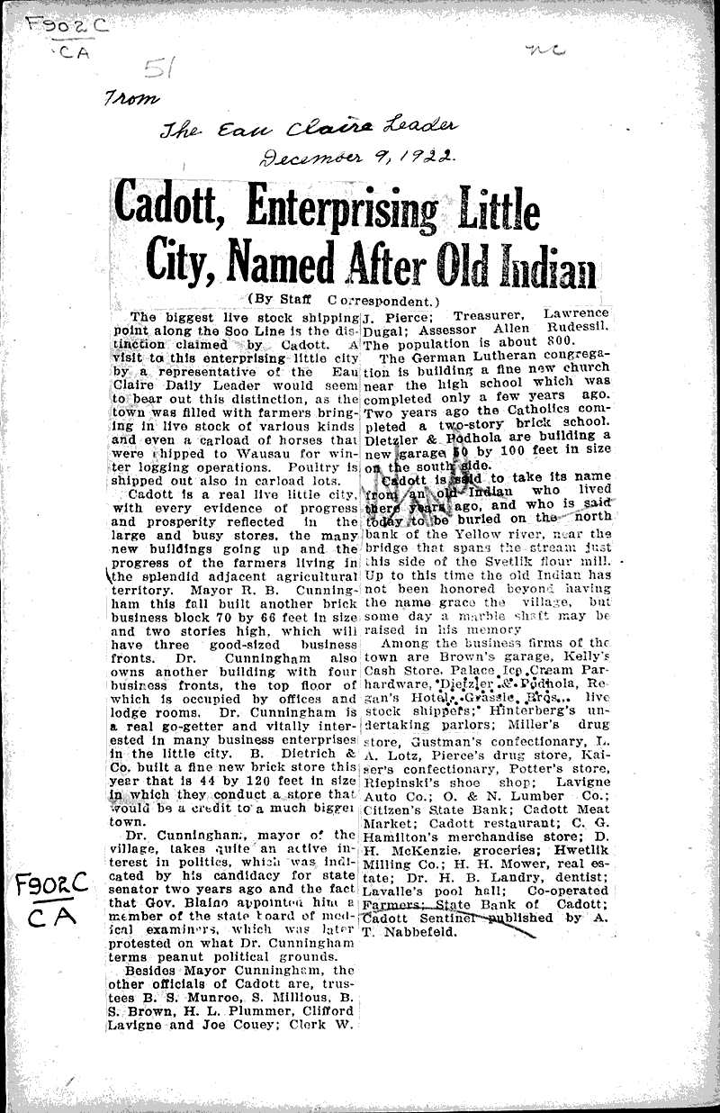 Cadott, enterprising little city, named after old indian Newspaper Article/Clipping