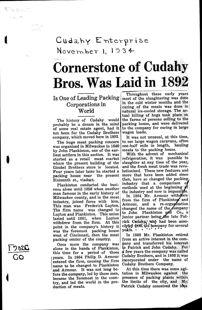 Cornerstone of Cudahy Bros. was laid in 1892 Newspaper Article/Clipping Wisconsin Historical