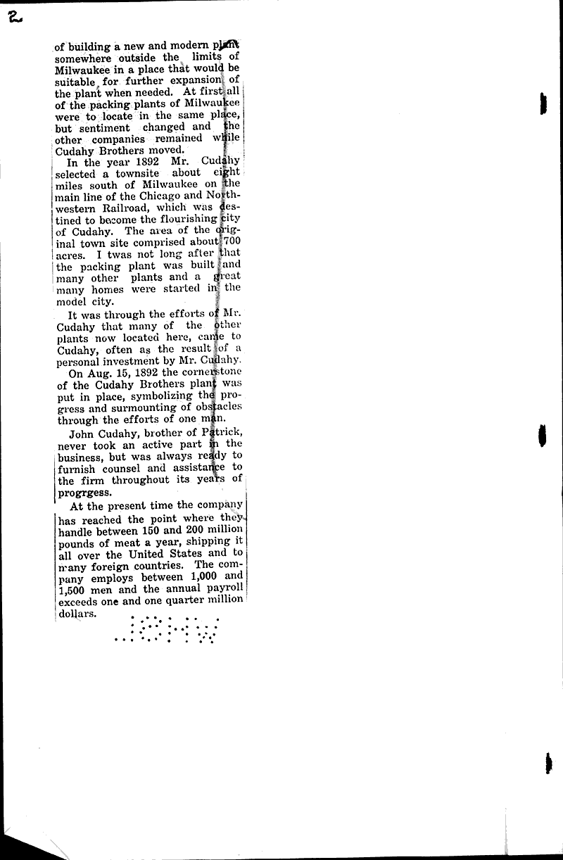 Cornerstone of Cudahy Bros. was laid in 1892 Newspaper Article