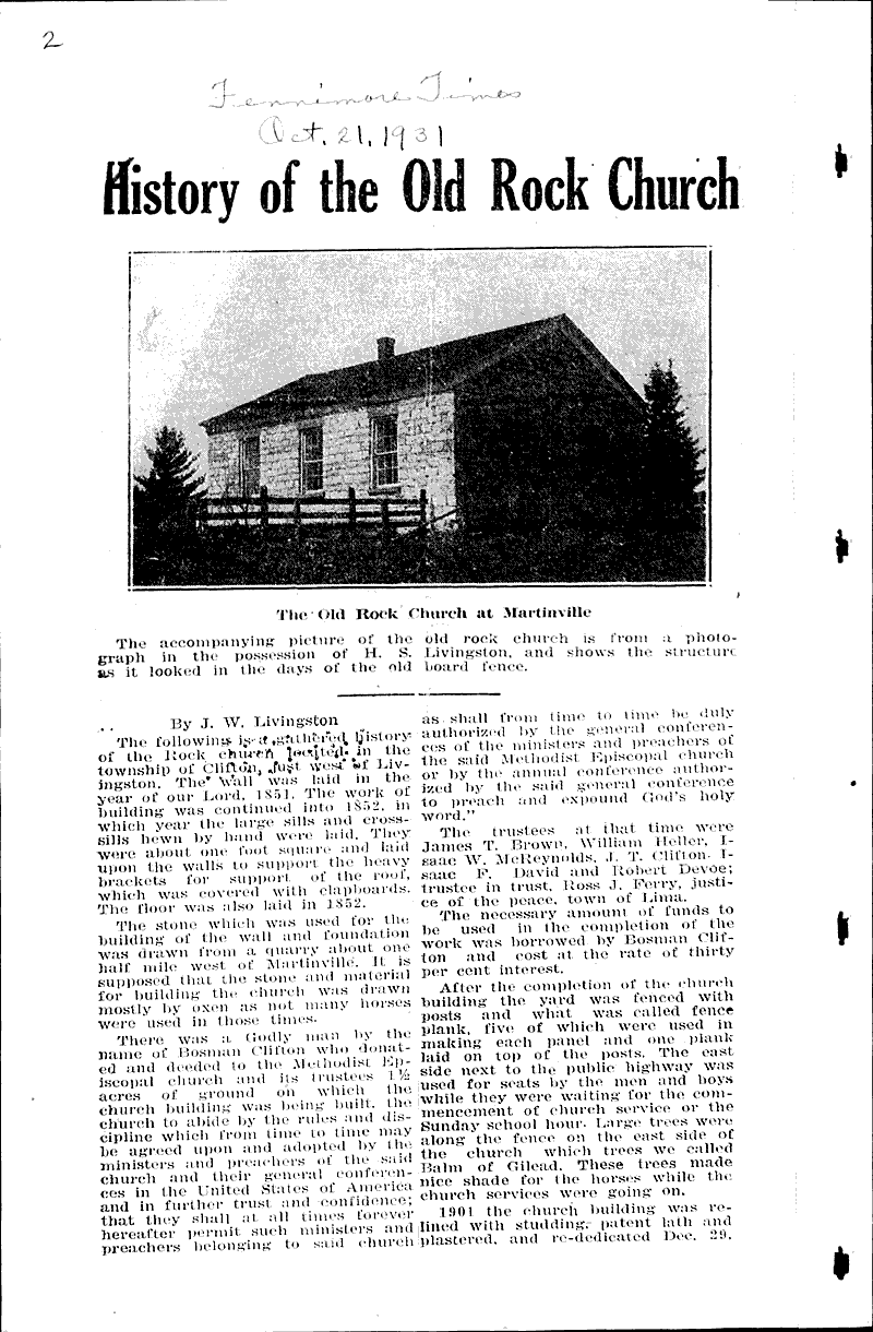 History of the old rock church Newspaper Article/Clipping Wisconsin
