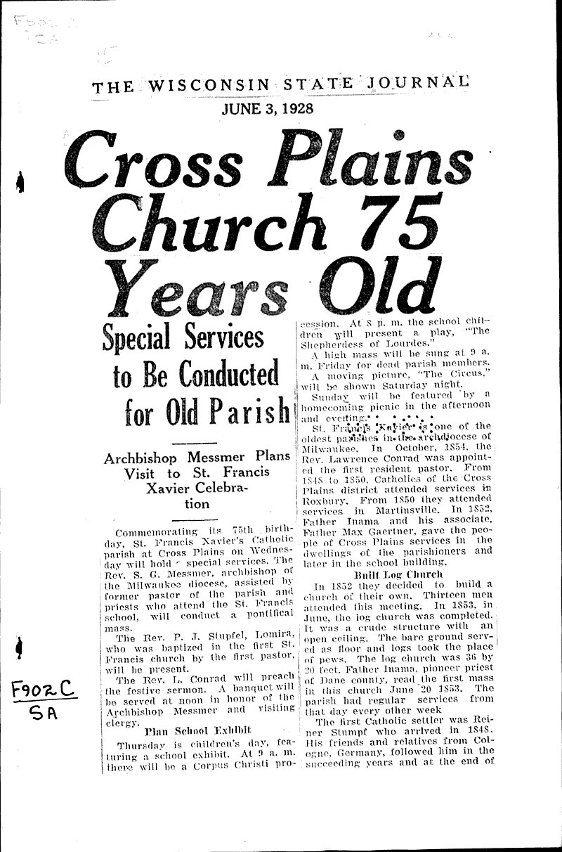  Source: Wisconsin State Journal Topics: Church History Date: 1928-06-03