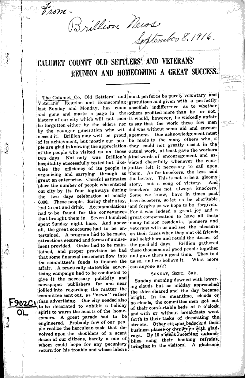 Calumet County old settlers' and veterans' reunion and a