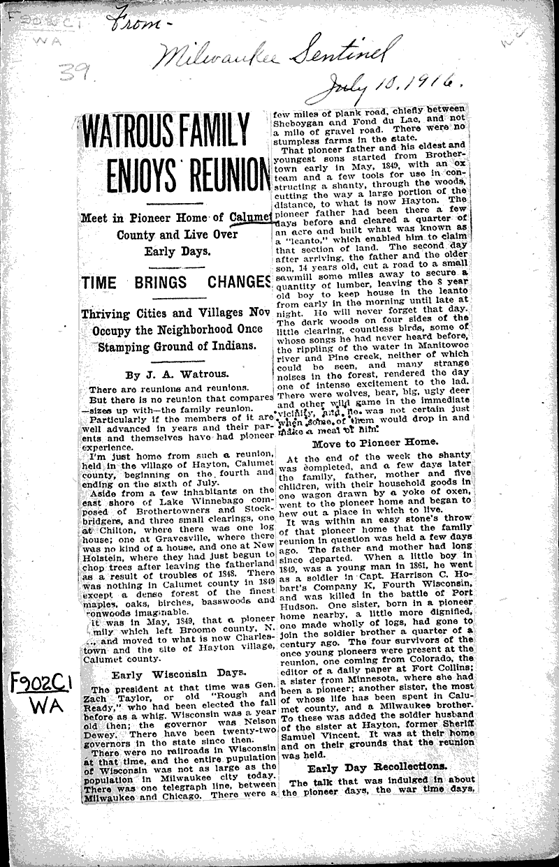 Watrous family enjoys reunion Source: Milwaukee Sentinel Topics: Immigrants Date: 1916-07-10