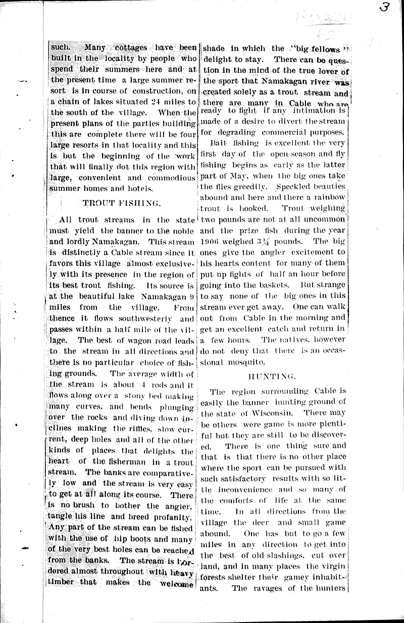 Cable, Wisconsin. Newspaper Article/Clipping Wisconsin Historical