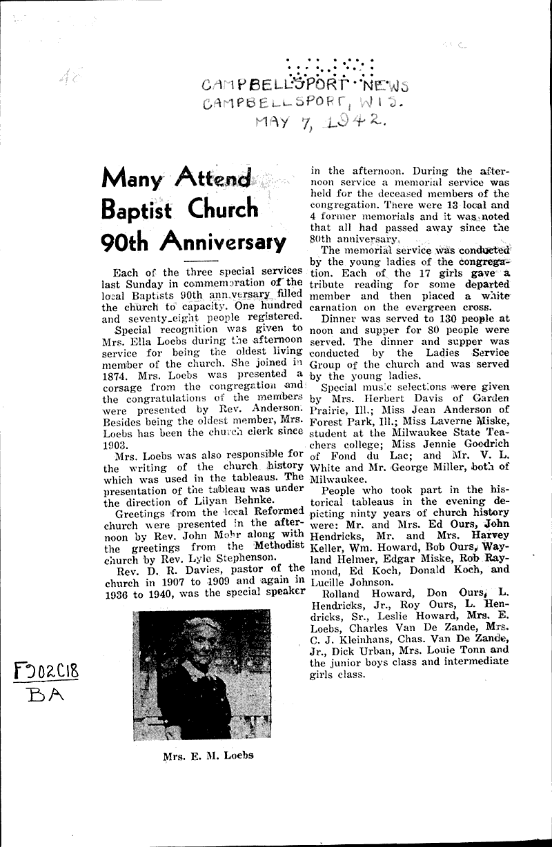 Many attend Baptist church 90th anniversary Newspaper Article