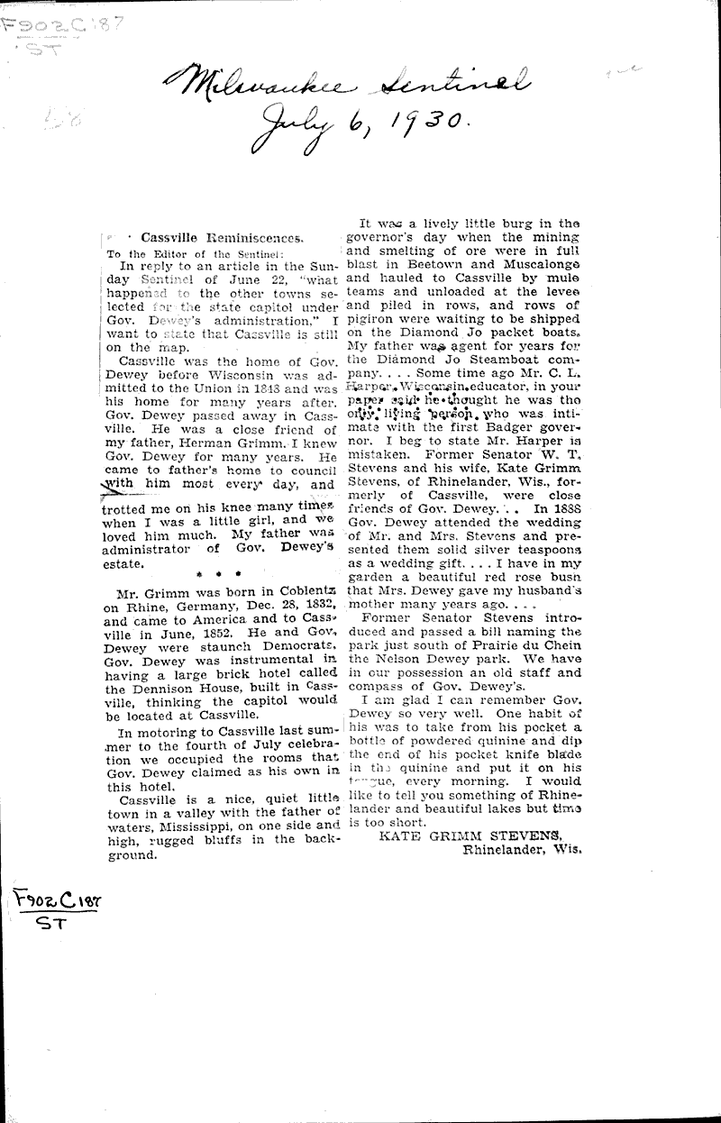 Cassville reminiscences Newspaper Article/Clipping Wisconsin