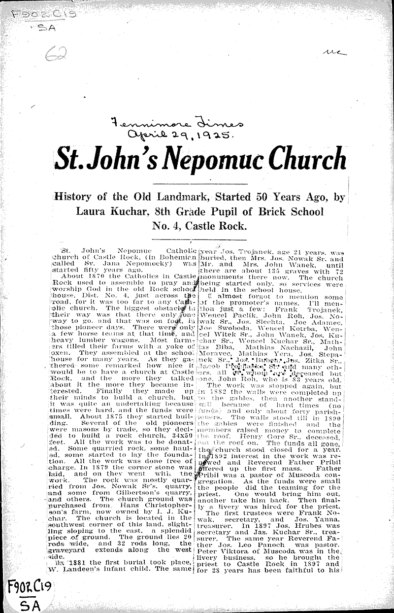 St. John's Nepomuc church Newspaper Article/Clipping Wisconsin