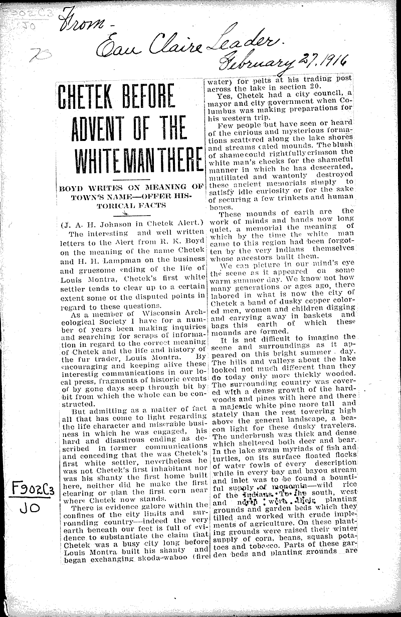  Source: Eau Claire Leader Topics: Indians and Native Peoples Date: 1916-02-27