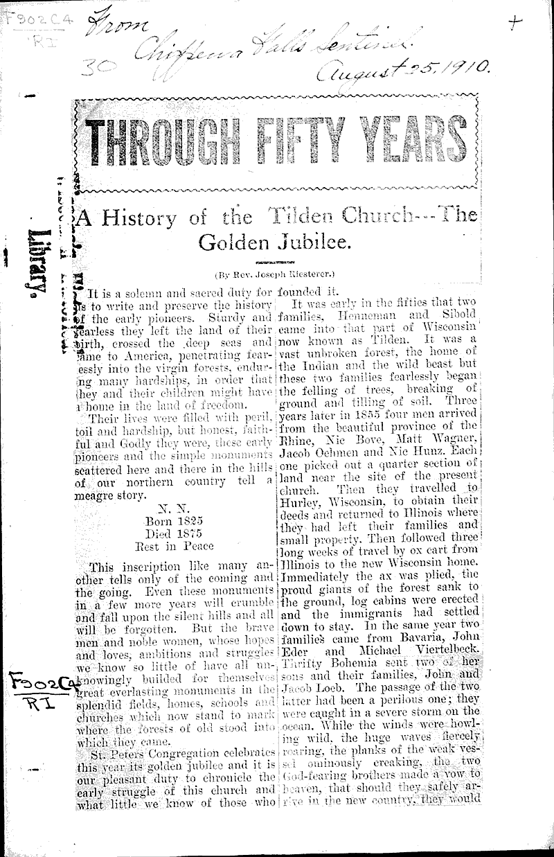  Source: Chippewa Sentinel Topics: Church History Date: 1910-08-25