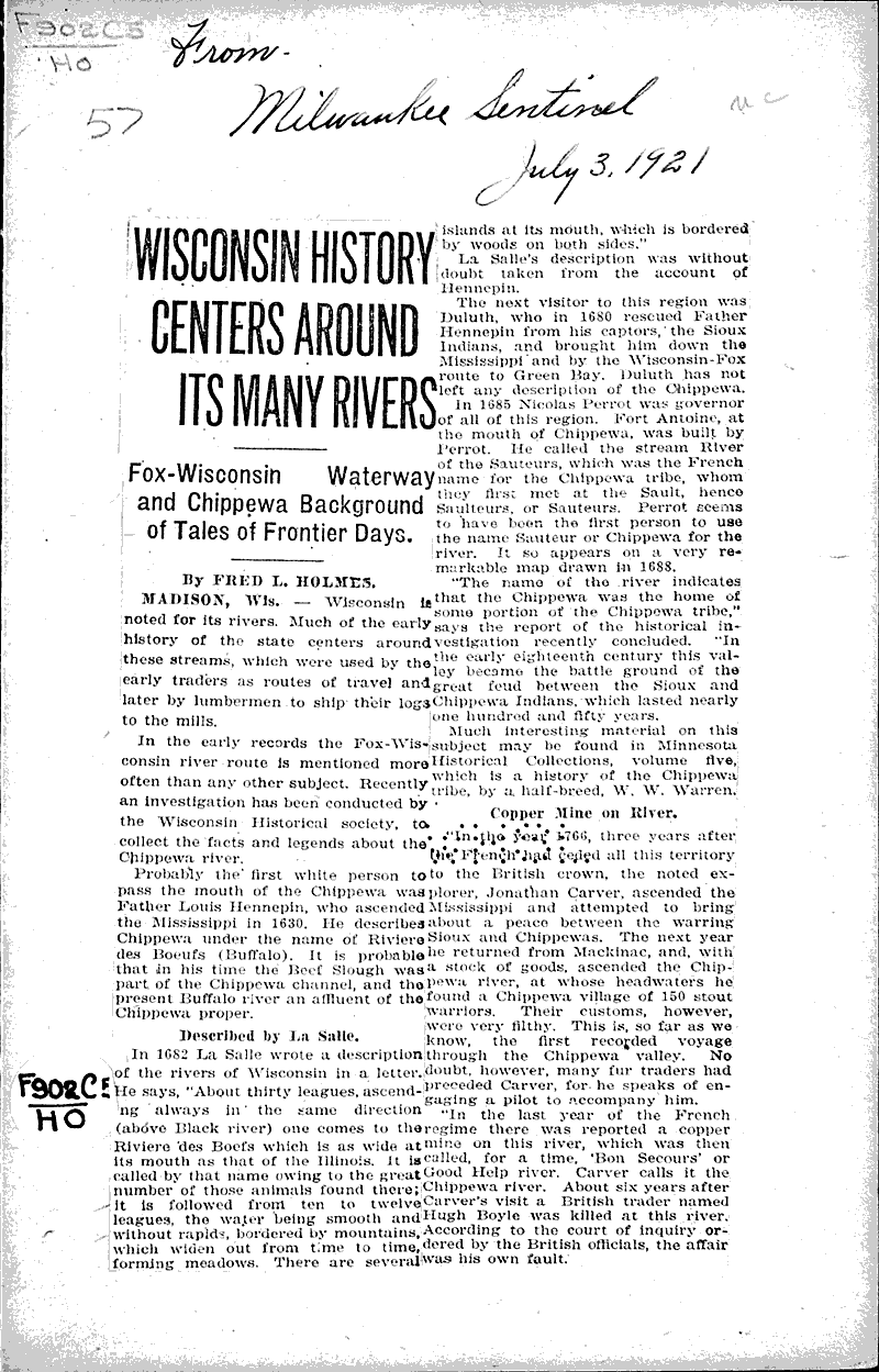 Wisconsin history centers around its many rivers Newspaper Article