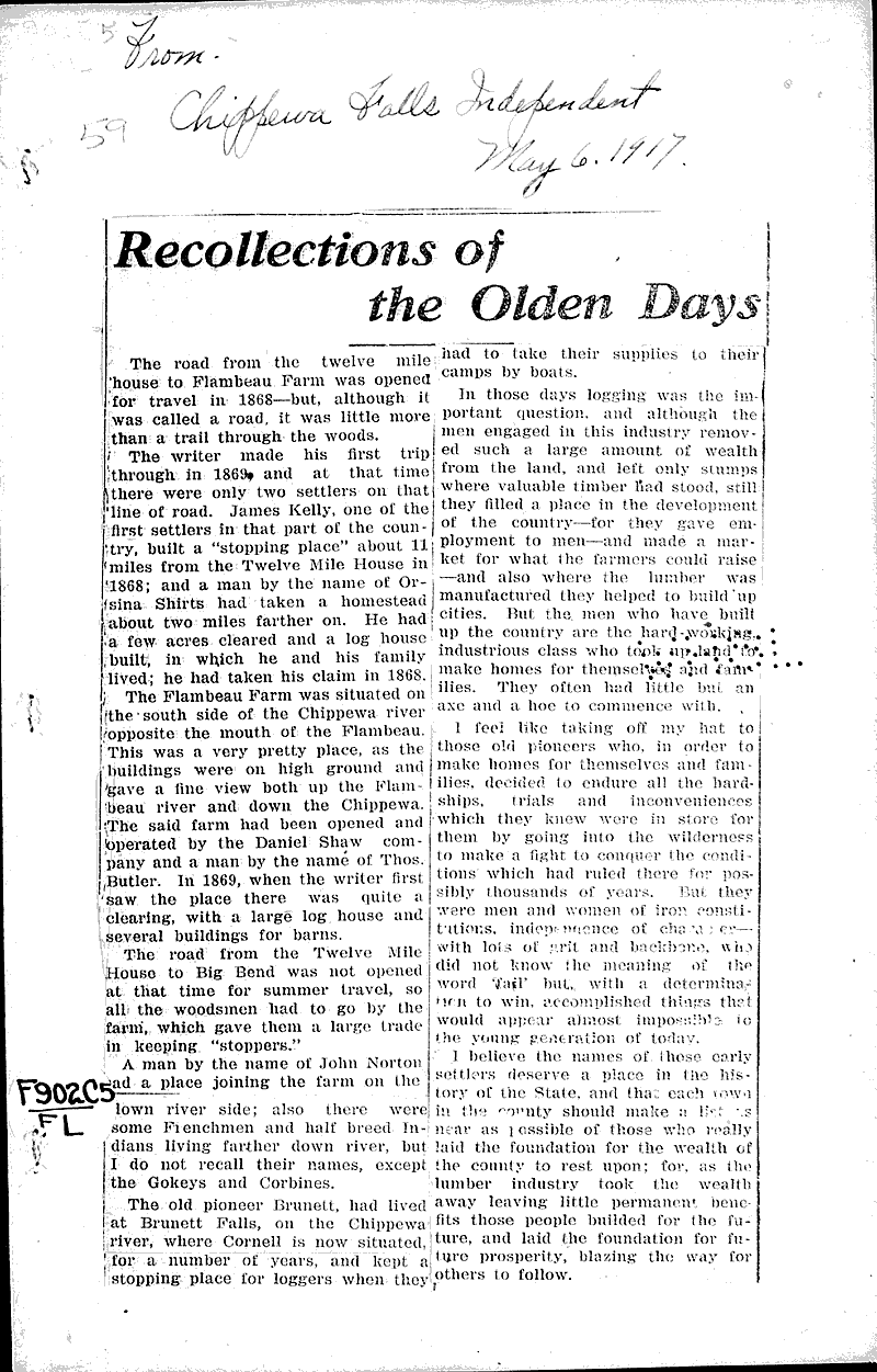 Recollections of the olden days Newspaper Article/Clipping
