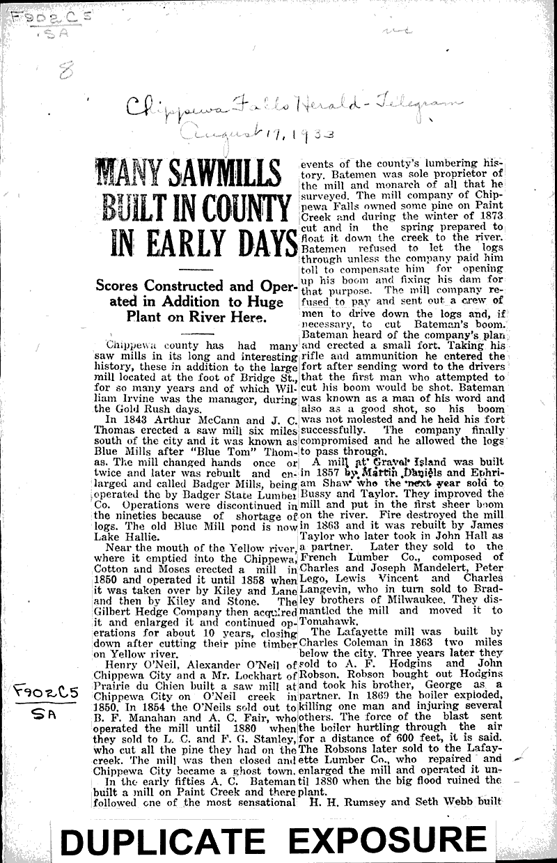 Many sawmills built in county in early days Newspaper Article