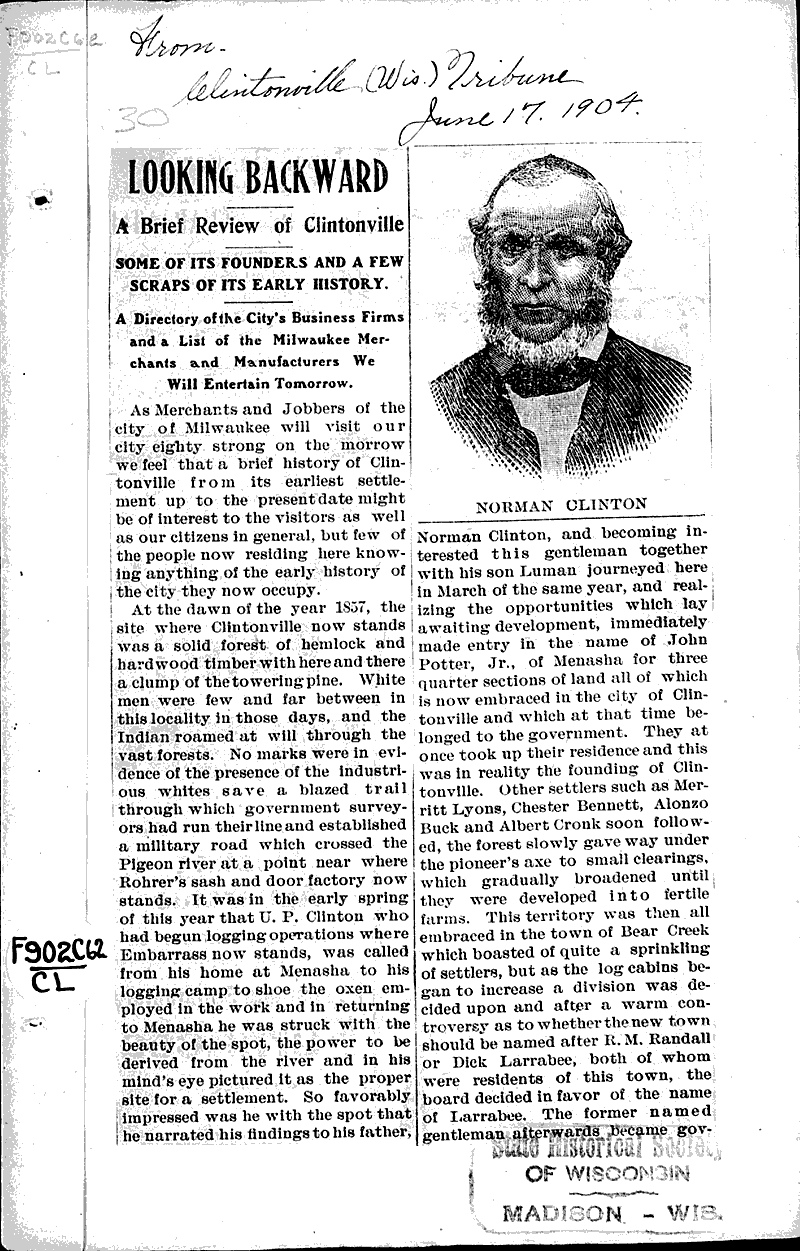 Looking backward Newspaper Article/Clipping Wisconsin Historical