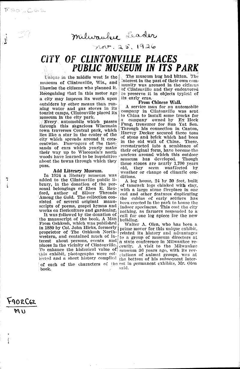 City of Clintonville places public museum in its park Newspaper